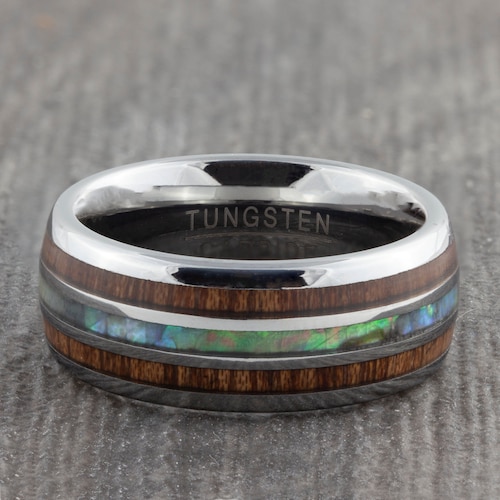 Koa Wood 8mm Mens Silver Tungsten Ring with Abalone Shell Inlay - Wedding Band - Womens Engagement, Promise Ring - Sizes H 1/2 to online Z+3