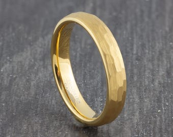 4mm Gold Tungsten Carbide Ring - Hammered & Brushed Mens + Womens Court Wedding Band - Engagement Ring - Wedding Band - Sizes K to X