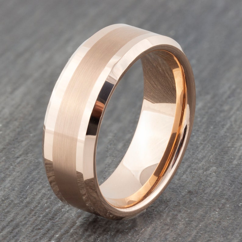 8mm Rose Gold Tungsten Ring With Brushed Inlay Wedding Ring Etsy UK