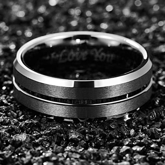 Mens 8mm Tungsten Ring with Polished Groove Black Wedding Band Friendship Ring Sizes L 12 to Z3 Womens /& Mens Engagement Promise