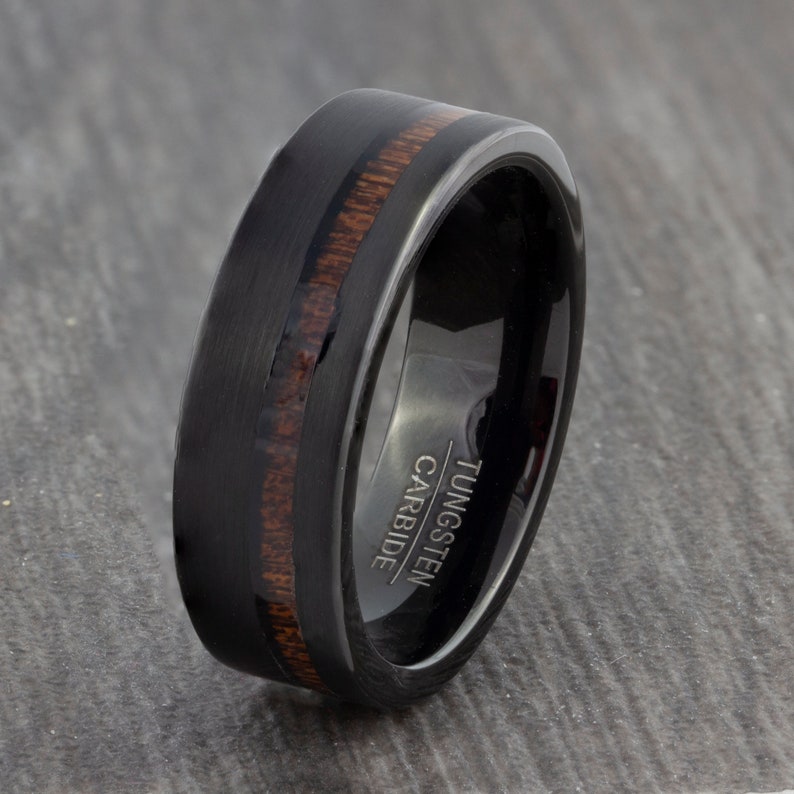 Black 8mm Tungsten Carbide Ring With Hawaiian Koa Wood Inlay - Etsy UK