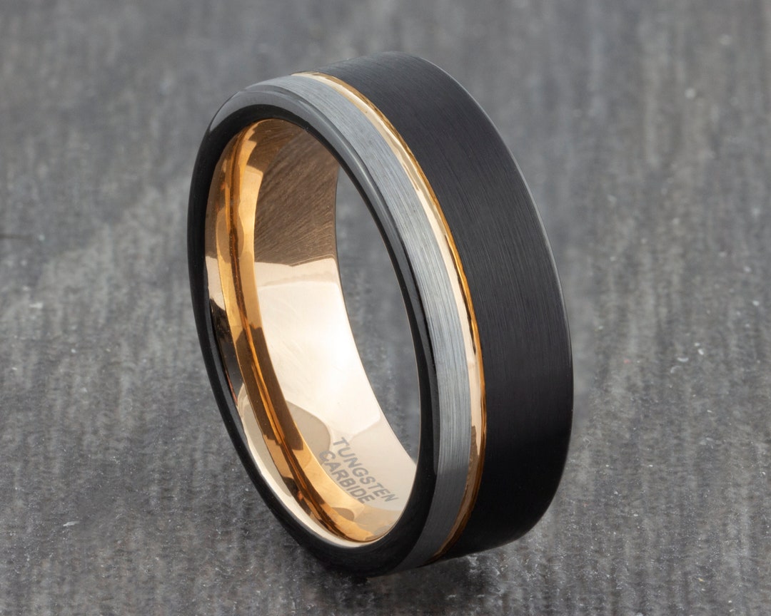 8mm Black Silver Tungsten Ring With Rose Gold Groove Mens - Etsy