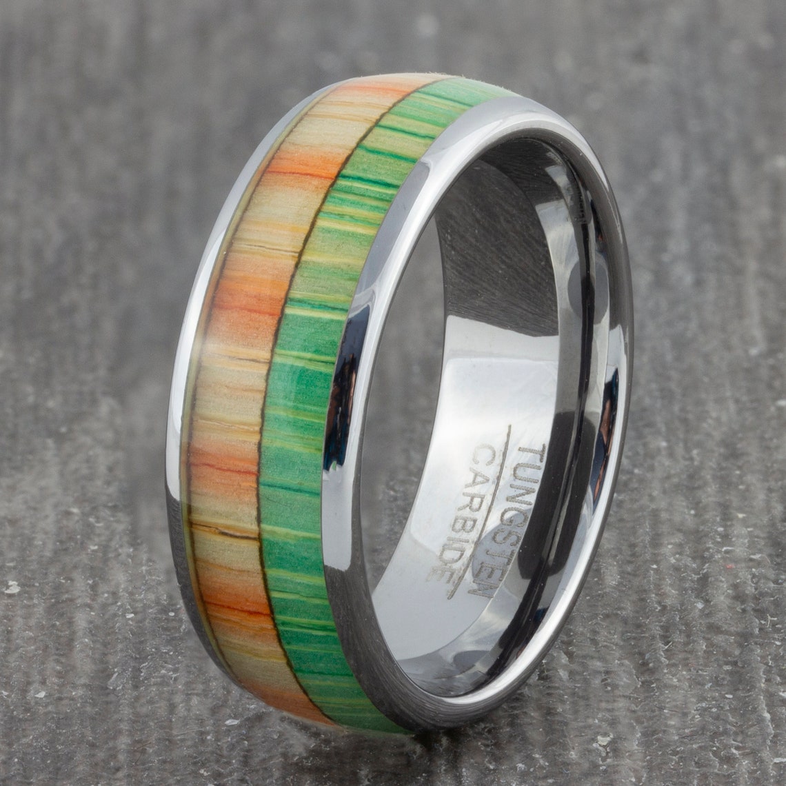 Mens 8mm Tungsten Carbide Ring with Green Orange Bamboo Inlay Etsy