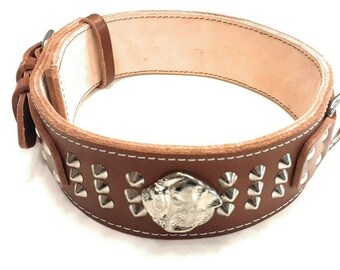 Heavy Duty Brown Leather Dog Collar Studded Design with American Bulldog Head Motif