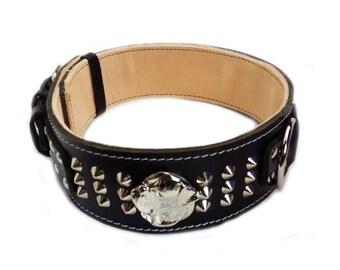 Heavy Duty Black Leather Dog Collar Studded Design with American Bulldog Head Motif