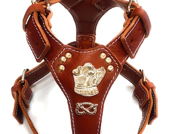 Tan Leather Dog Harness with Staffordshire Bullterrier Motif and Knot
