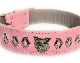 Baby Pink Leather Dog Collar with Staffy Staffordshire Bull Terrier Head Motif and Decorative Design 1.5" Wide