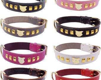 Handmade Leather Staffy Dog Collar: Gold Bull Terrier Motif, 1.5" Wide