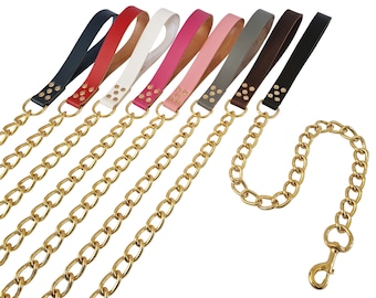 Heavy Duty Gold Metal Chain Dog Leash Chew Proof Lead with Leather Handle