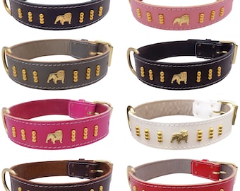 Leather Bulldog Dog Collar: Gold Fittings and Badges