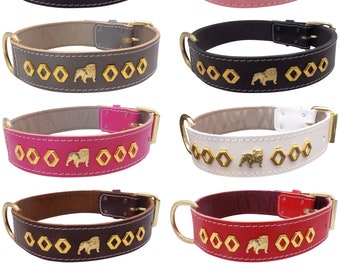 Handmade Leather Bulldog Dog Collar: Gold Motif, Decorative Design