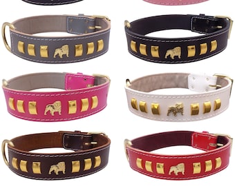 Handmade Leather Bulldog Collar: Gold Motif, Wide Dog Collar