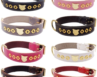 Leather Staffy Dog Collar: Gold Staffordshire Bull Terrier Motif