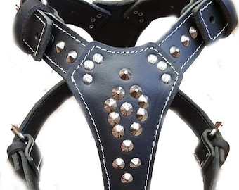 Studded Black Leather Dog Harness: Large Breed, Handmade in UK