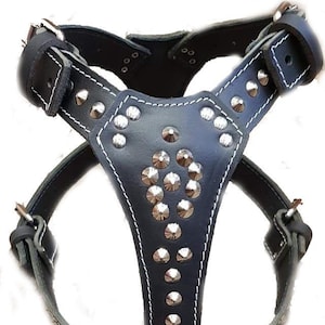 Beautiful Studded Design Black Leather Dog Harness fits Large Breeds like Staffy, Pitbull...