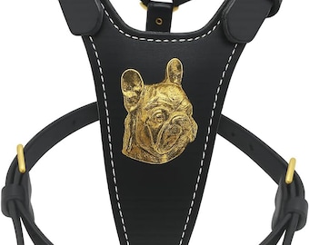 Luxury Unique Leather Dog Harness with Golden French Bulldog Head Badge and Fittings
