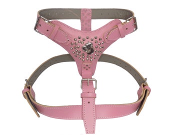 Handmade Leather Dog Harness: XL Baby Pink Studded Cane Corso Motif