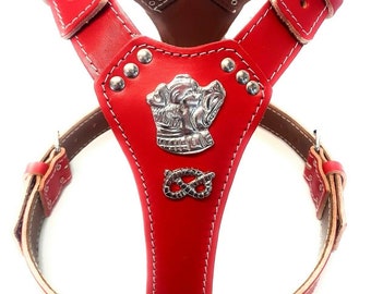 Cute Red Leather Dog Harness with Staffy Staffordshire Bullterrier Badge and Knot