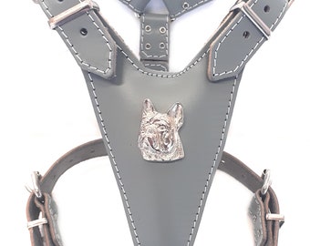 Beautiful Leather Dog Harness with French Bulldog Head Motif only For bit Bigger and Fully Grown French Bulldogs