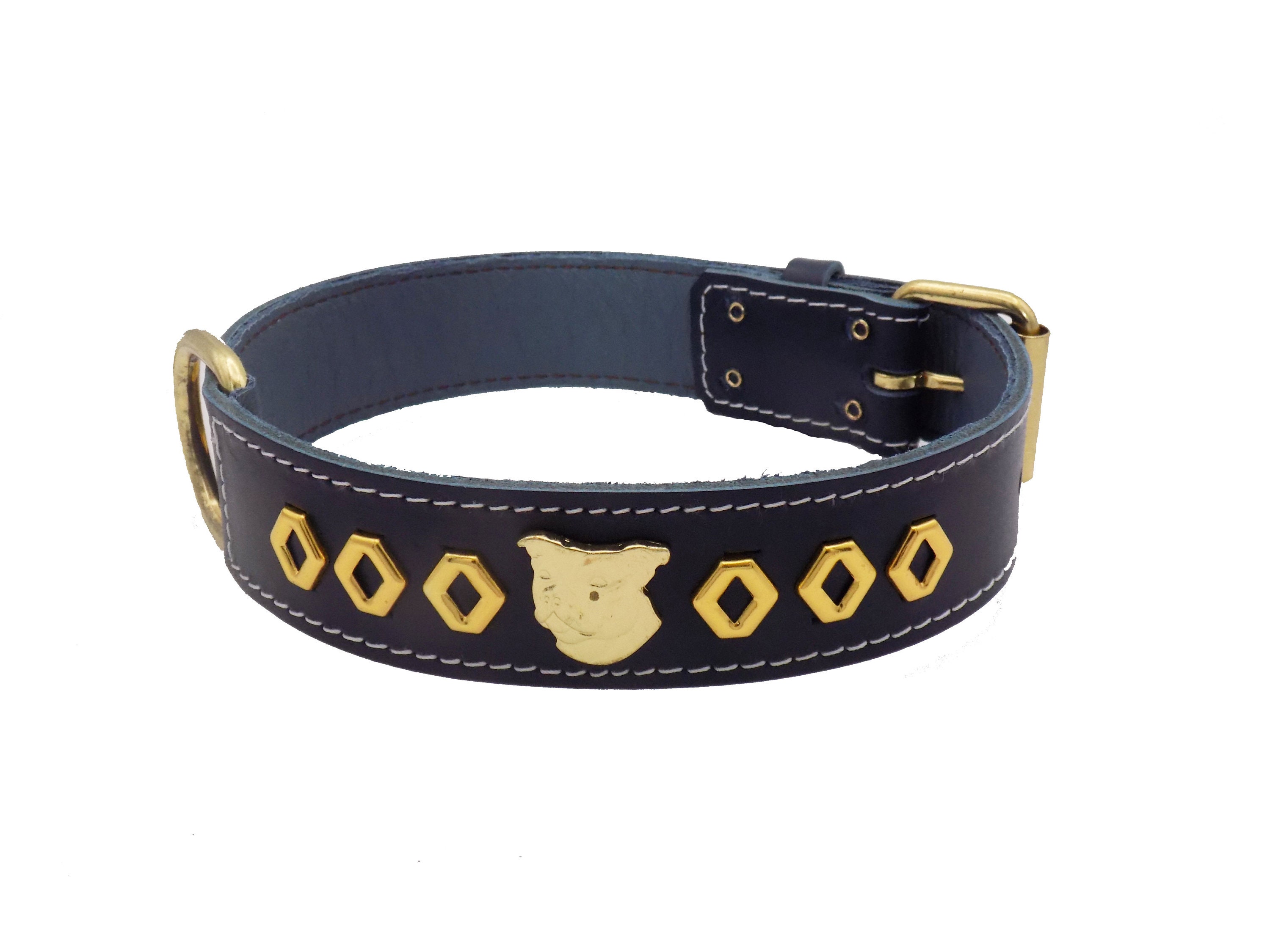 M&D Leder-Hundehalsband, 3,8 Cm Breit, Mit Bulldoggen-Muster (Größe L: 50–61 Cm, Schwarz)