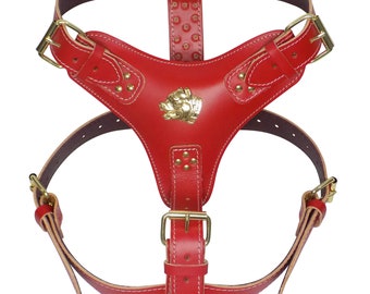 XL Heavy Duty Leather Dog Harness Red with Unique Gold American Bully Head Motif and Gold Fittings