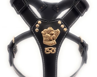 Black Leather Dog Harness with Staffordshire Bull Terrier Head Motif and Knot with Brass Fittings