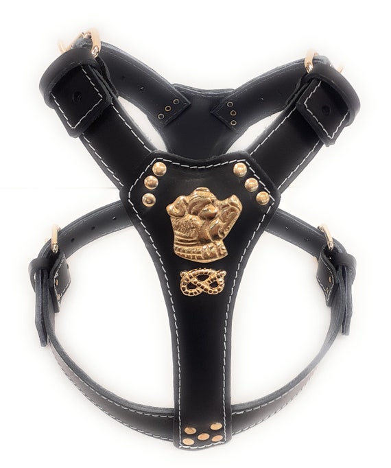 Black Leather Dog Harness With Staffordshire Bull Terrier Head Motif and Knot With Brass Fittings Etsy UK