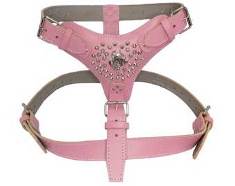 Extra Large Heavy Duty Leather Dog Harness Baby Pink with Studds and Perro de Presa Canario Head Motif