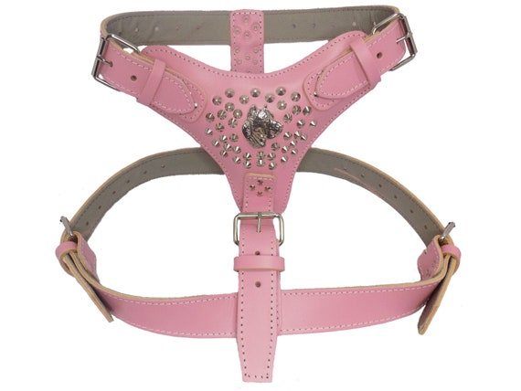 Extra Large Heavy Duty Leather Dog Harness Baby Pink with Studds and Perro  de Presa Canario Head Motif
