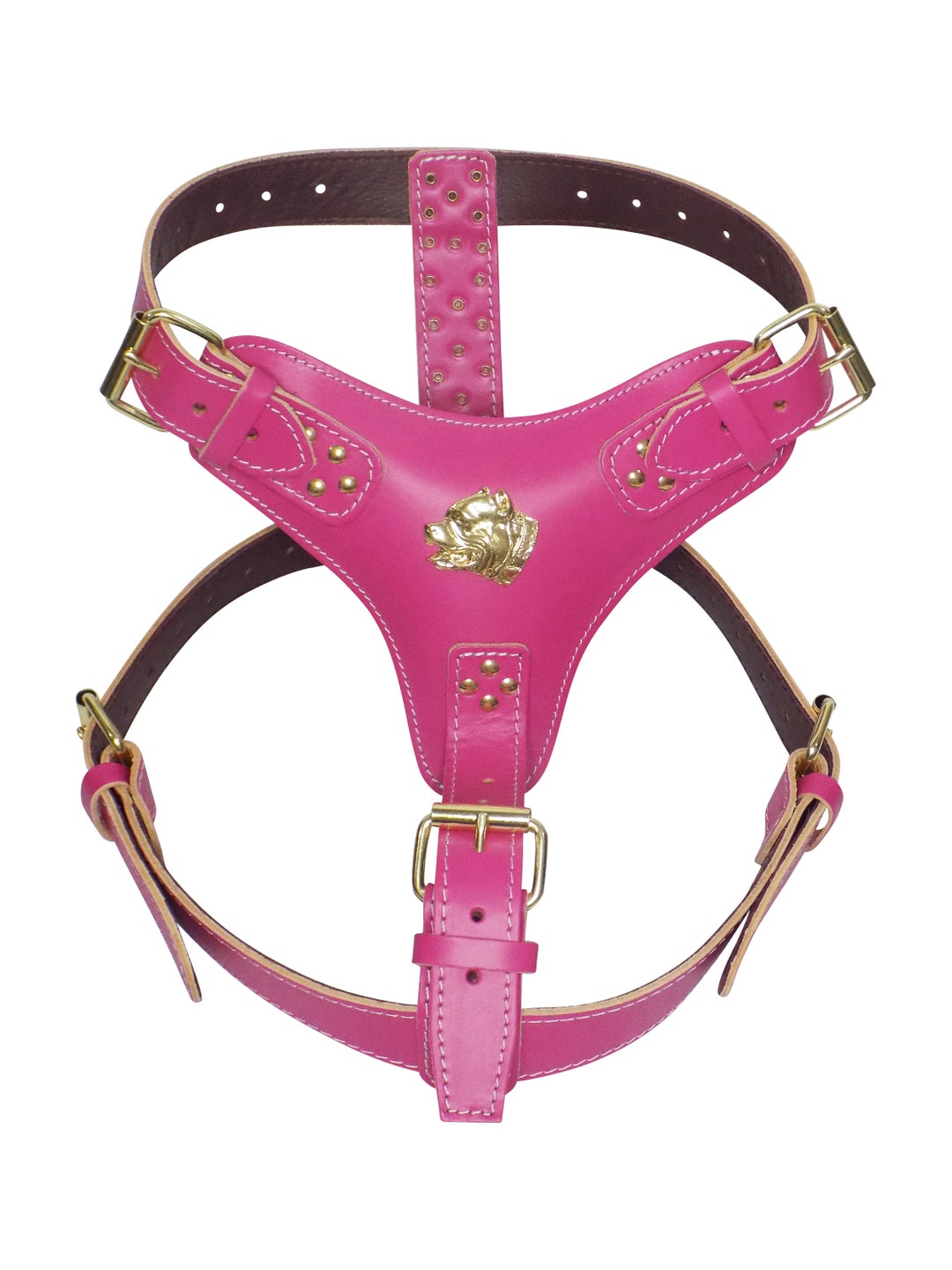 XL Heavy Duty Leather Dog Harness Deep Pink With Unique Gold American