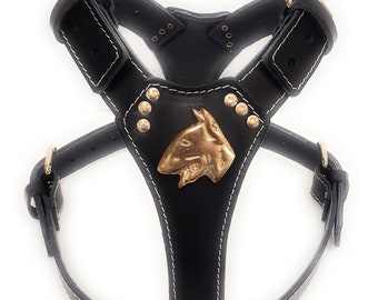Black Padded Leather Dog Harness with English Bull Terrier Badge