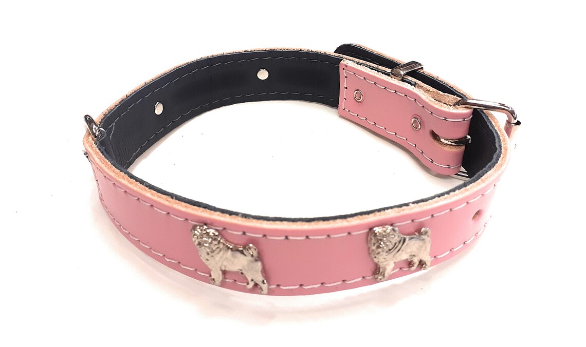 1 Wide Baby Pink Leather Dog Collar With Unique Design and Pug Badges