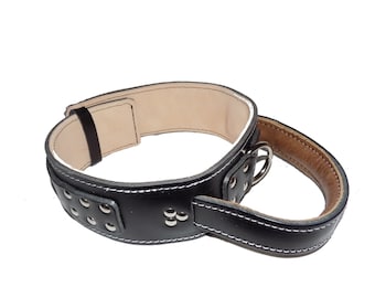 Heavy Duty Plain Black Leather Dog Collar with strong Padded Handle
