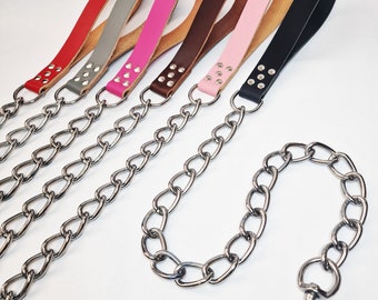 Heavy Duty Silver Chain Dog Leash Chew Proof Lead with Strong Leather Handle