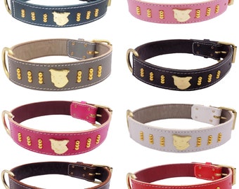 Handmade Leather Staffy Dog Collar: Gold Staffordshire Bull Terrier Motif