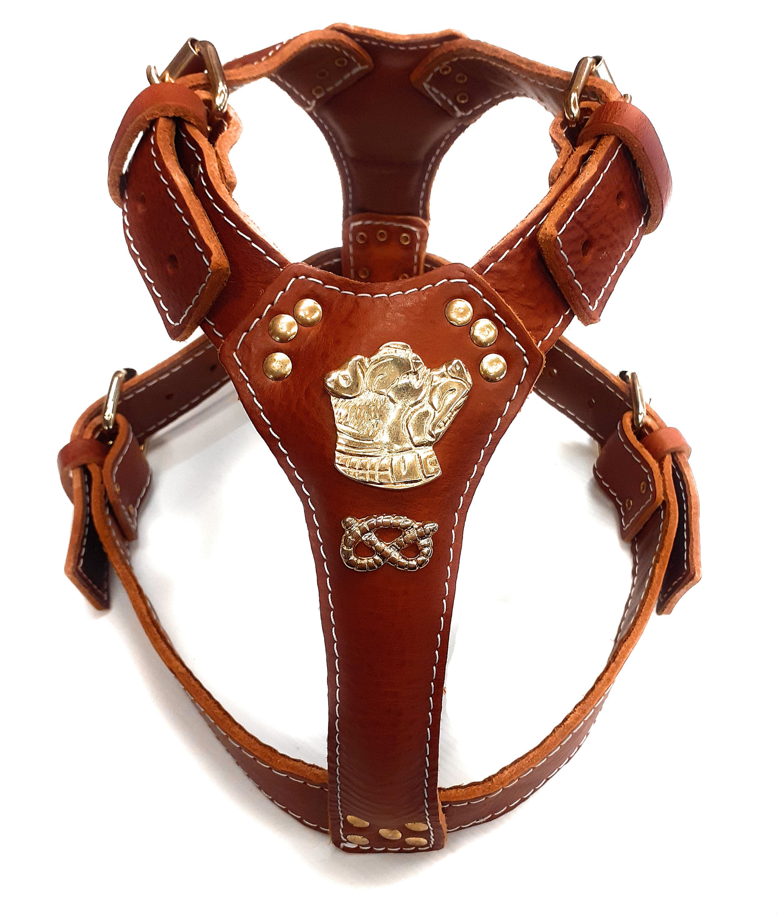 Tan Leather Dog Harness with Staffordshire Bullterrier Motif and Knot