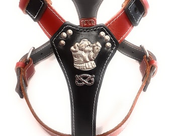 Two Tone Black / Red Leather Dog Harness with Staffordshire Bullterrier Motif and Knot