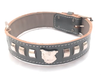 Grey Leather Dog Collar with Staffy Staffordshire Bull Terrier Head Motif and Decorative Design 1.5" Wide
