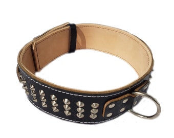 Kraftigt svart läderhalsband för hundar med nitar