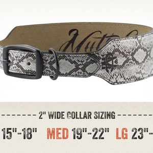 May include: A black leather dog collar with a snakeskin pattern and the word "Muttley" embossed on it. The collar is 2 inches wide and comes in sizes small (15-18 inches), medium (19-22 inches), and large (23-26 inches).