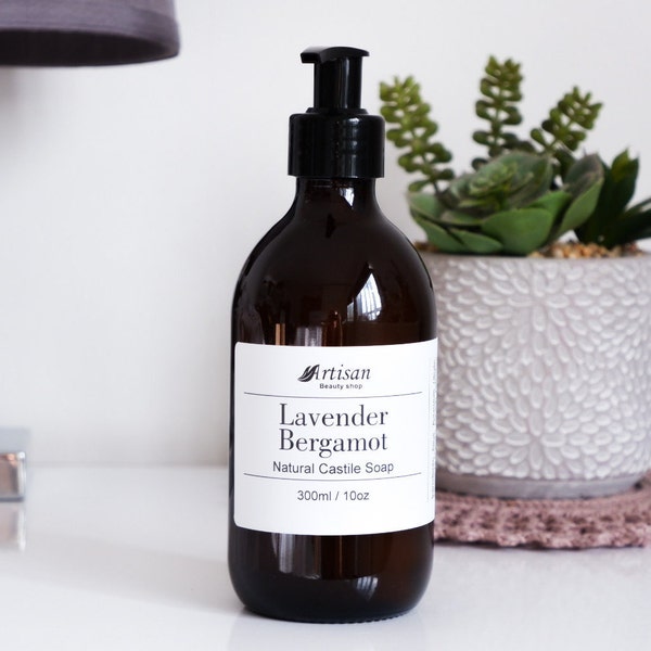 Lavender Bergamot Liquid Soap Hand Wash Natural Castile Soap Organic Amber Glass Pump Bottle