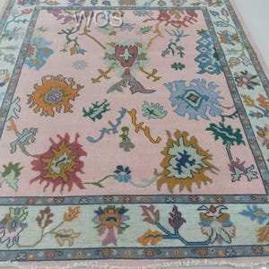 Pastel Pink Oushak Rug | 5x7 Pastel Pink Vintage Area Rug | Soft Floral Pattern | Woven Wool Carpet | Boho Living Room