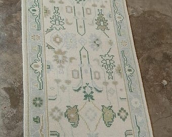 Hand-Knotted Oushak Wool Runner: Ivory, Blue, & Green floral Rug