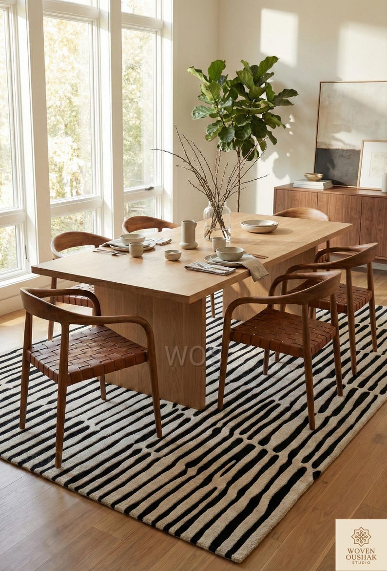 Nw Rug Chairs Hand-tufted Wool Area Rug | Black & White Wavy Design - Etsy
