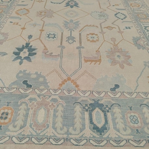 Hand Knotted Wool Oushak Rug: Blush Peach, Sky Blue, 6x9 Turkish Carpet