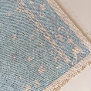 Handmade Wool Oushak Rug: Minimalist Blue, Soft Modern Carpet