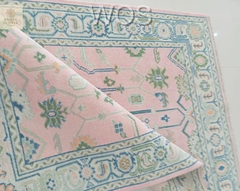 Hand-Knotted Wool Oushak Rug 8x10 – Pink & Blue Turkish Carpet