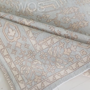 8X10 Handmade blue Oushak rug–Beige and blue Hand Knotted wool area rug with antique floral design, perfect for neutral or farmhouse decor.