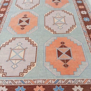 Hand Knotted Orange & Green on blue field Oushak Rug 5x8, 8x10, 9x12, 12x15 Area Wool Rug, Traditional and Vintage Rug for Home and Living.