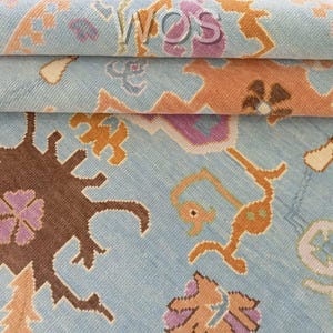 Hand Knotted Orange & Green on blue field Oushak Rug 5x8, 8x10, 9x12, 12x15 Area Wool Rug, Traditional and Vintage Rug for Home and Living.